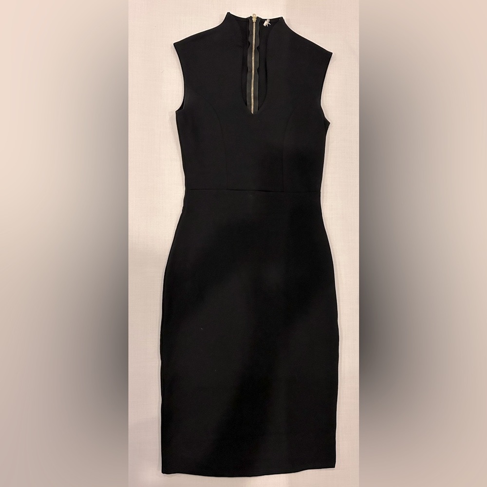 Black cocktail dress with gold zipper down the back.